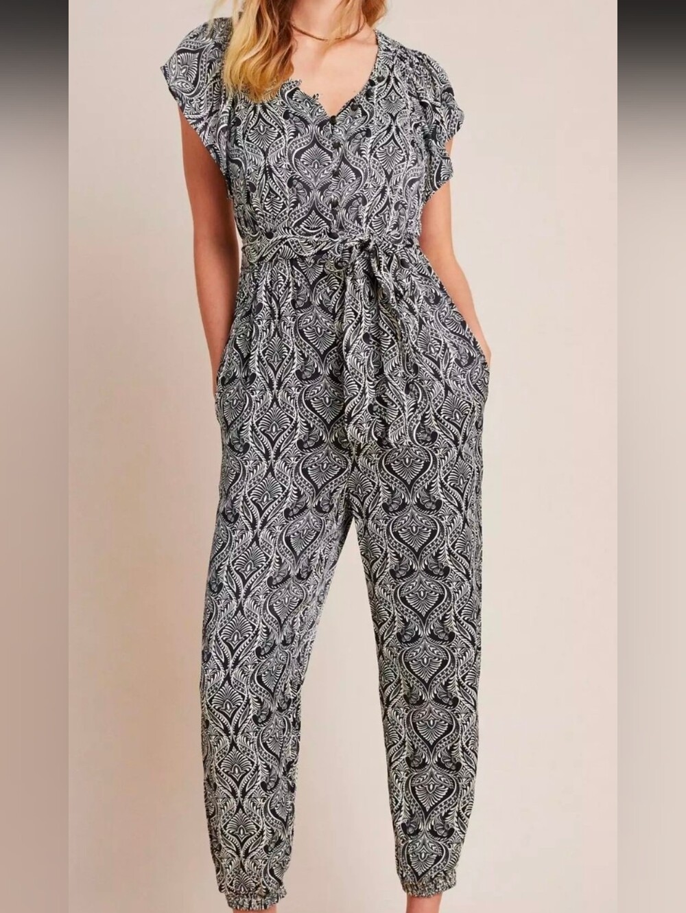 Anthropologie Black & White Paisley Tie-Waist Satin Jumpsuit Sz 10